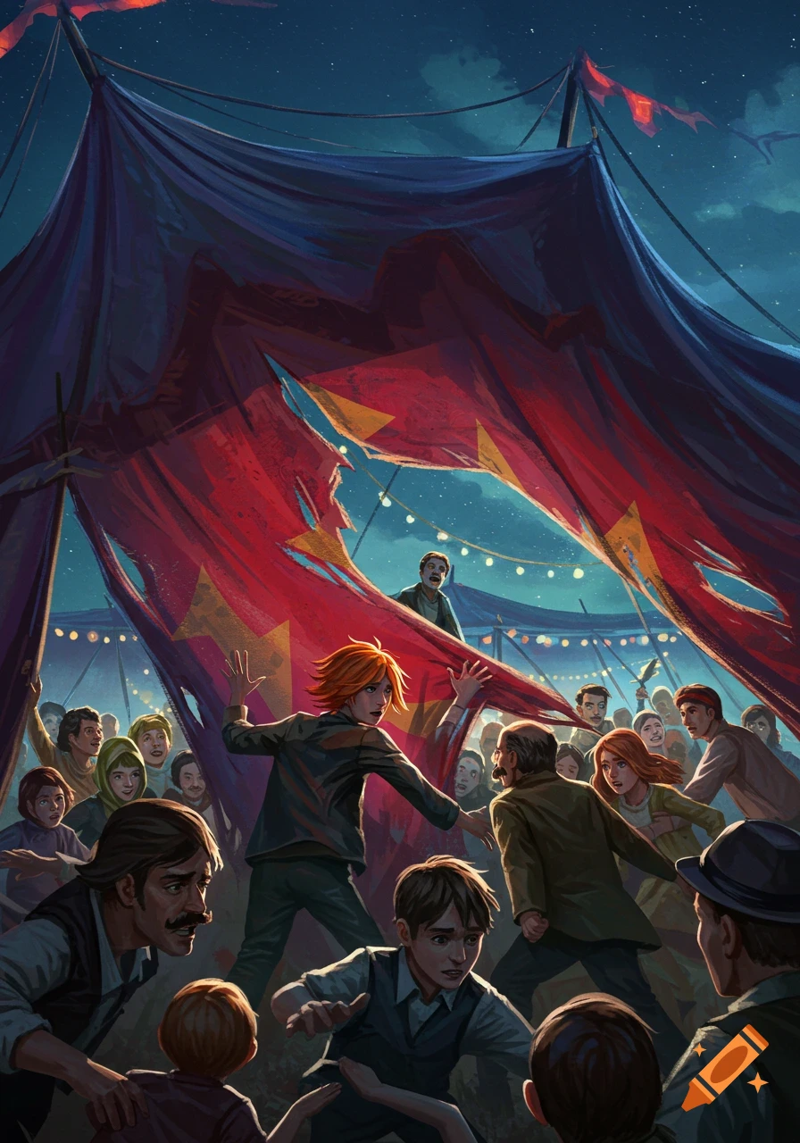 Dramatic art depicts a crowd reacting to a collapsed circus tent with red and yellow fabric at night.