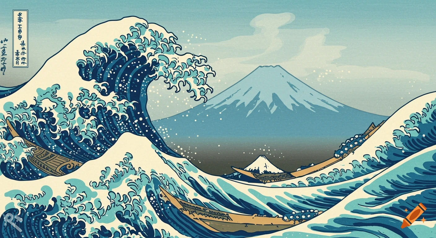 Stylized depiction of a large wave with boats near Mount Fuji, in the style of Hokusai's Great Wave print.