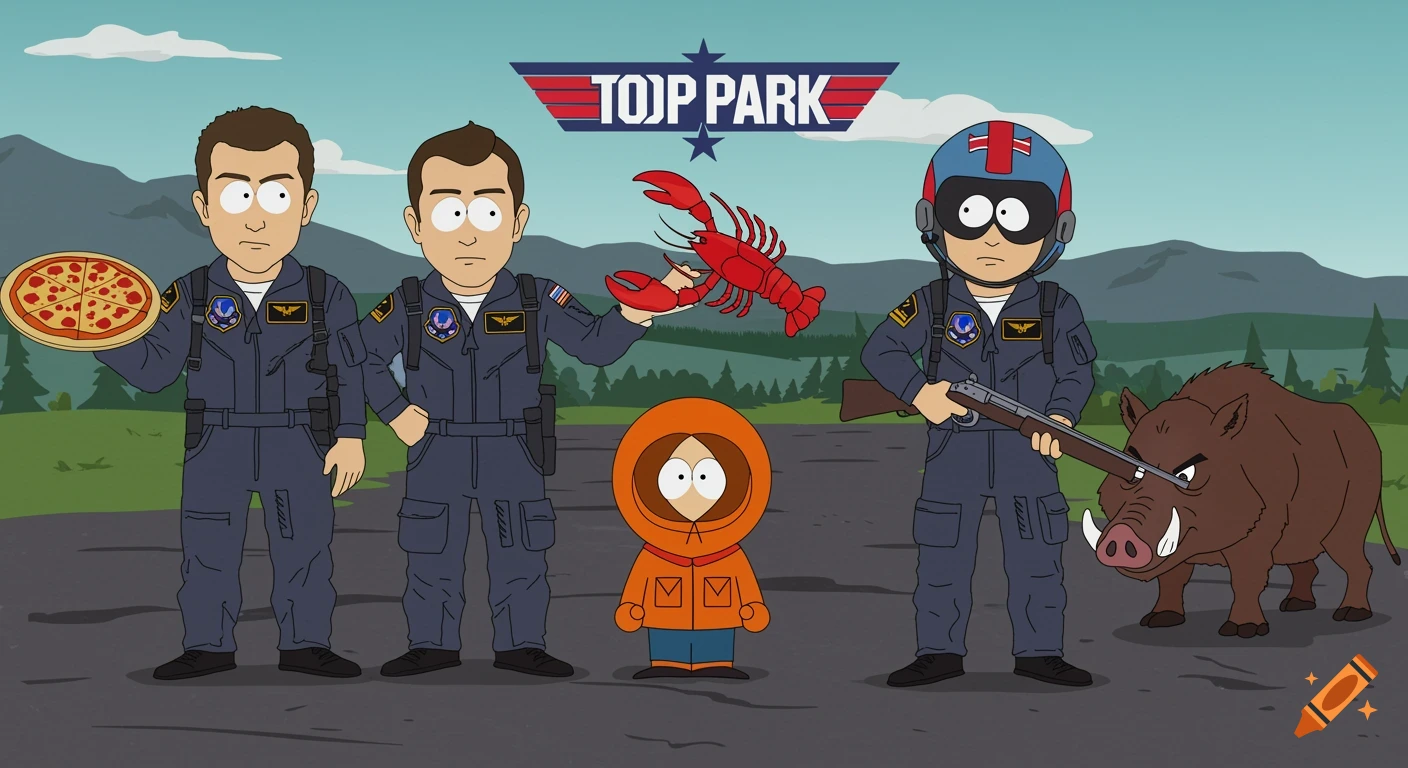 South Park style characters dressed as Top Gun pilots with Kenny, holding pizza and a lobster while hunting a boar.