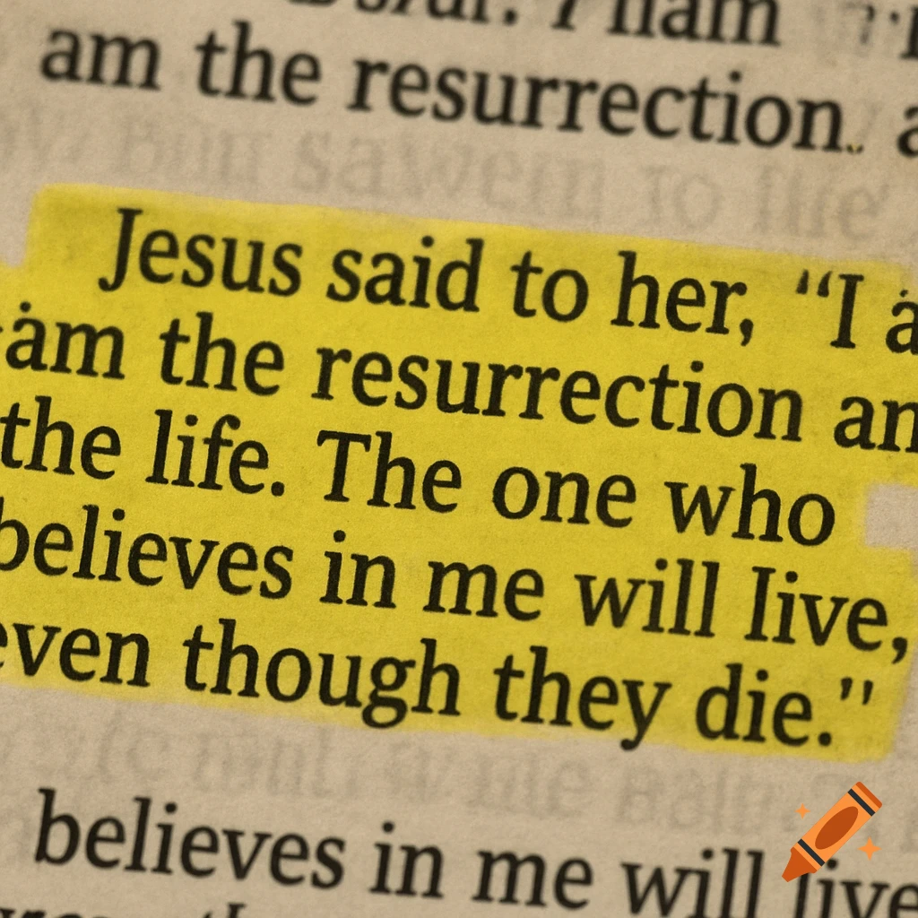 Close-up of a Bible page with John 11:25 highlighted in yellow.