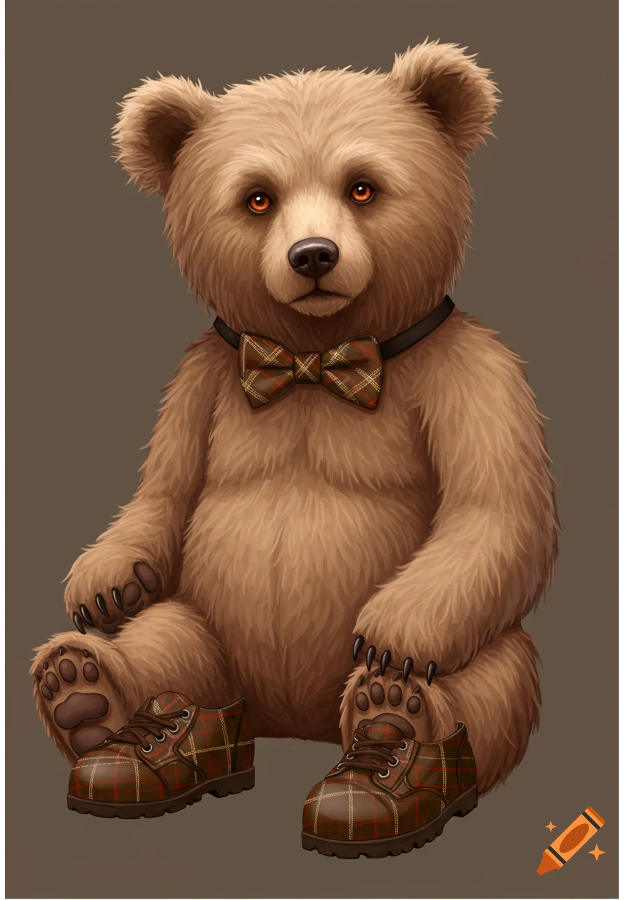 Illustration of a teddy bear wearing a tartan bow tie and shoes