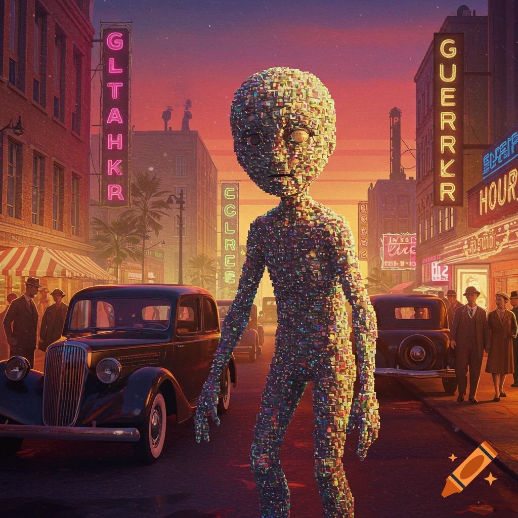 An alien made of colorful blocks walks on a vintage street with cars and people