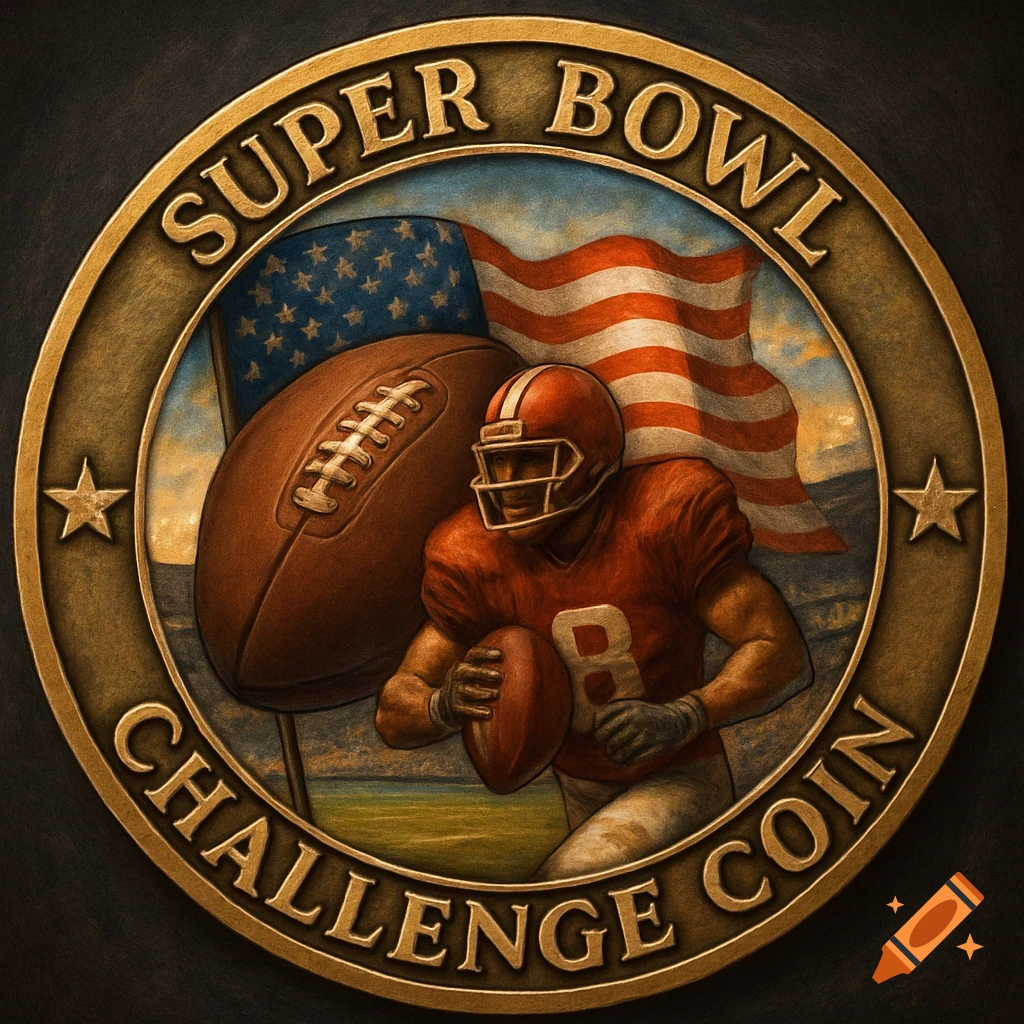 Super Bowl challenge coin featuring a football player and flag
