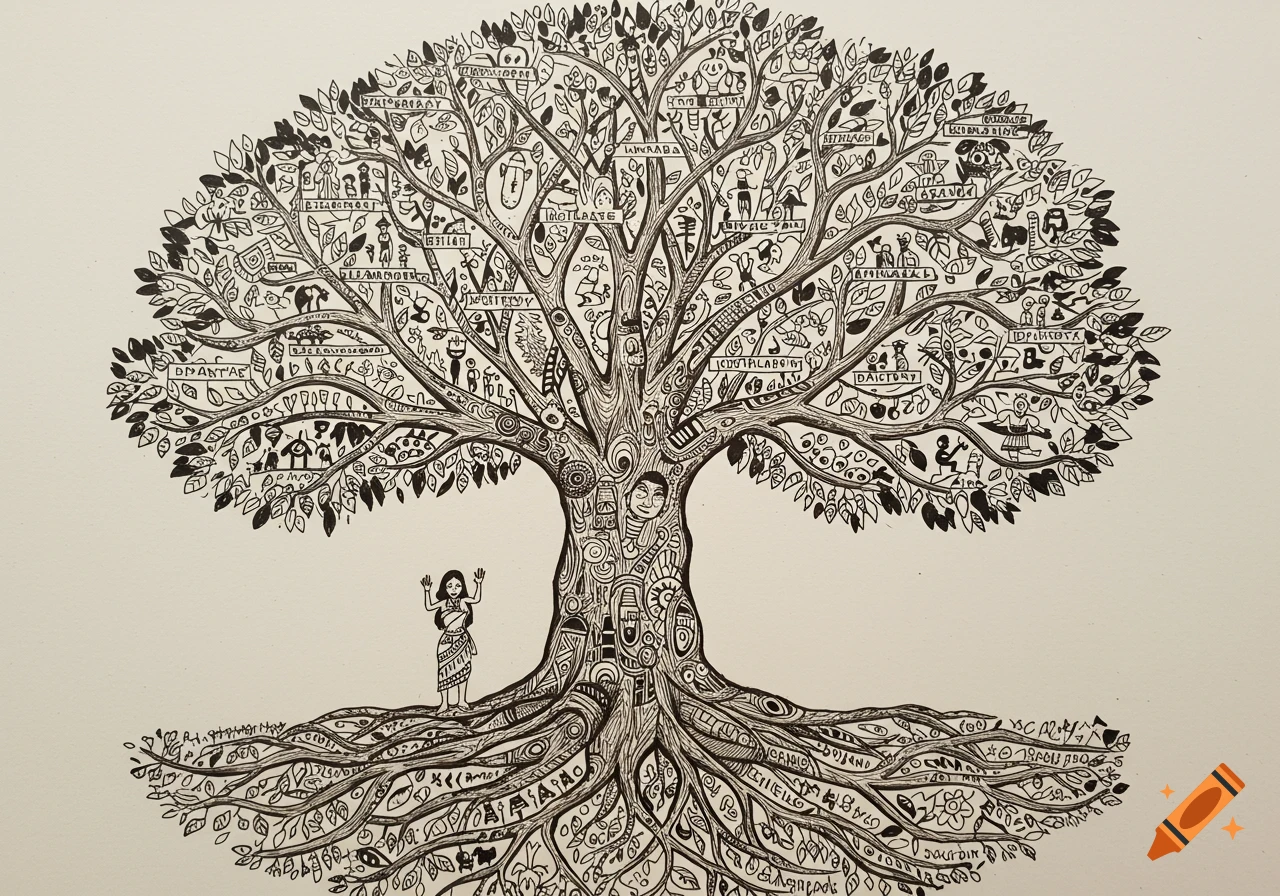 A black and white illustration of a large tree with roots and branches filled with various symbols and illegible labels, and a small figure standing near the base.