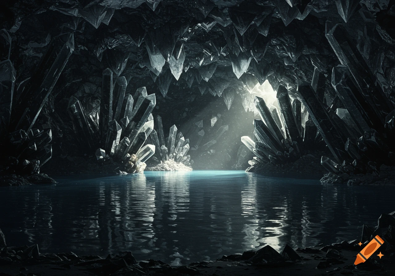 A dark cave filled with tall crystals and a still lake reflecting light