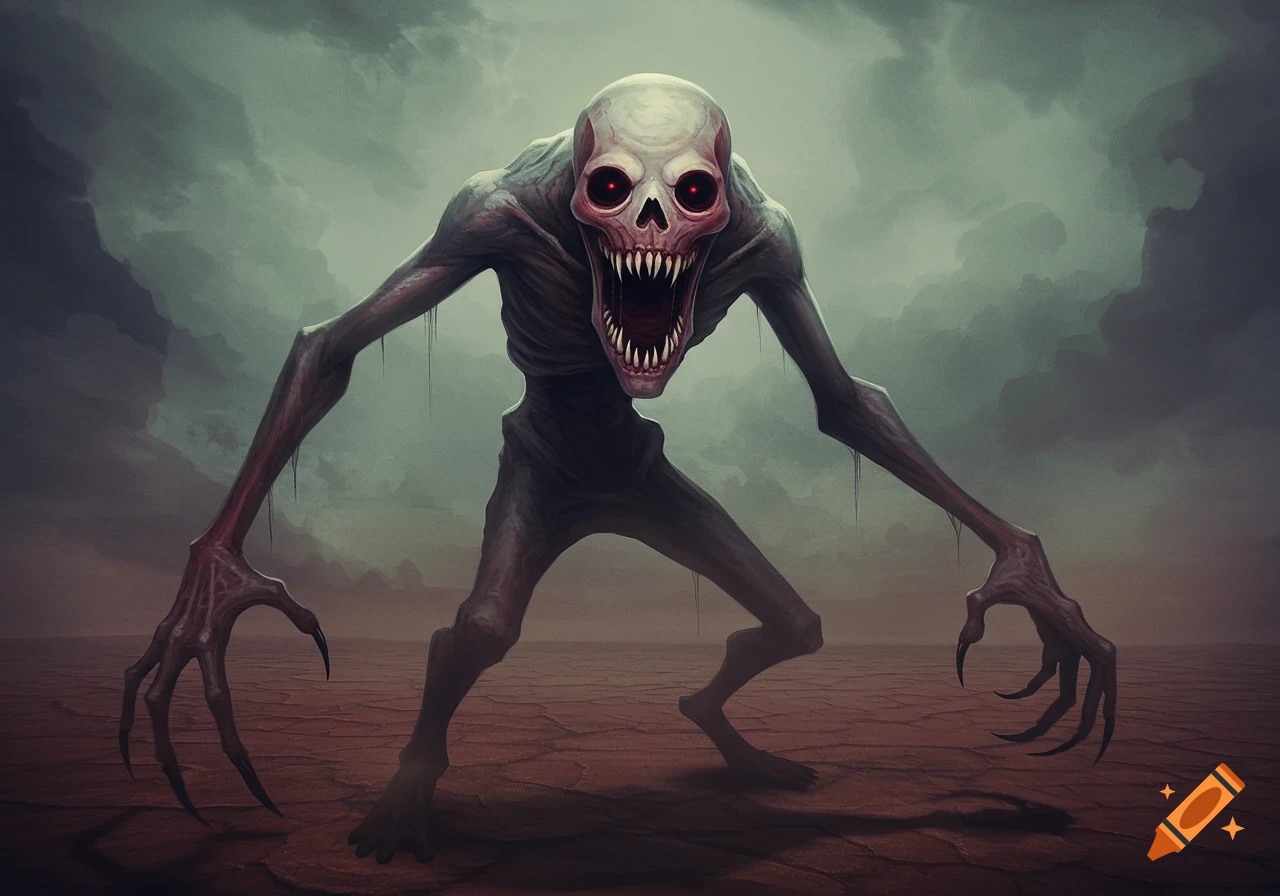 Skeleton Monster Types A skeletal monster with glowing red eyes and sharp teeth stands in a ...