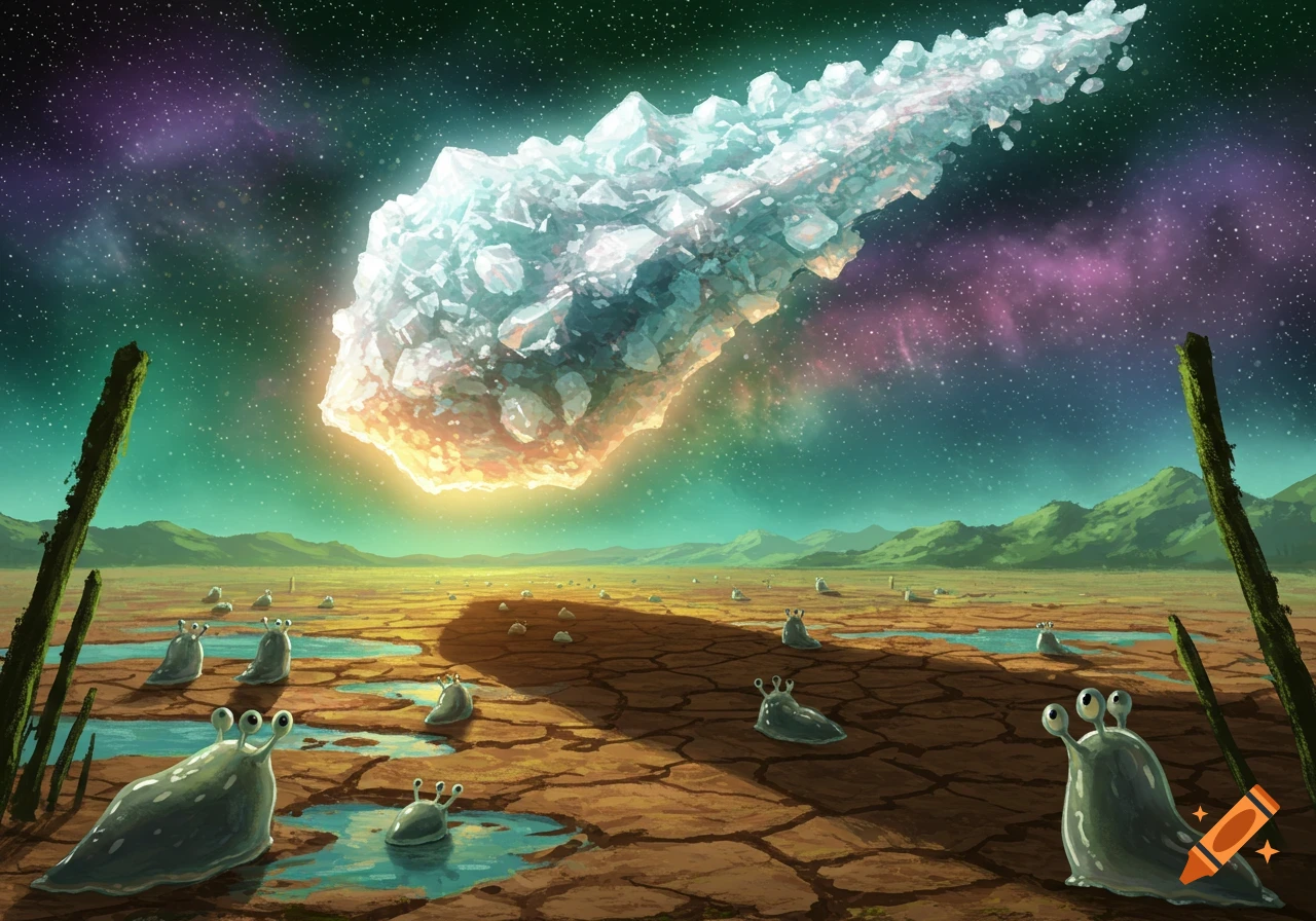 Slug creatures on a cracked alien landscape under a starry sky as a crystal meteor descends.
