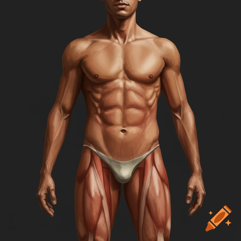Painterly depiction of a muscular male torso and legs wearing minimal swimwear