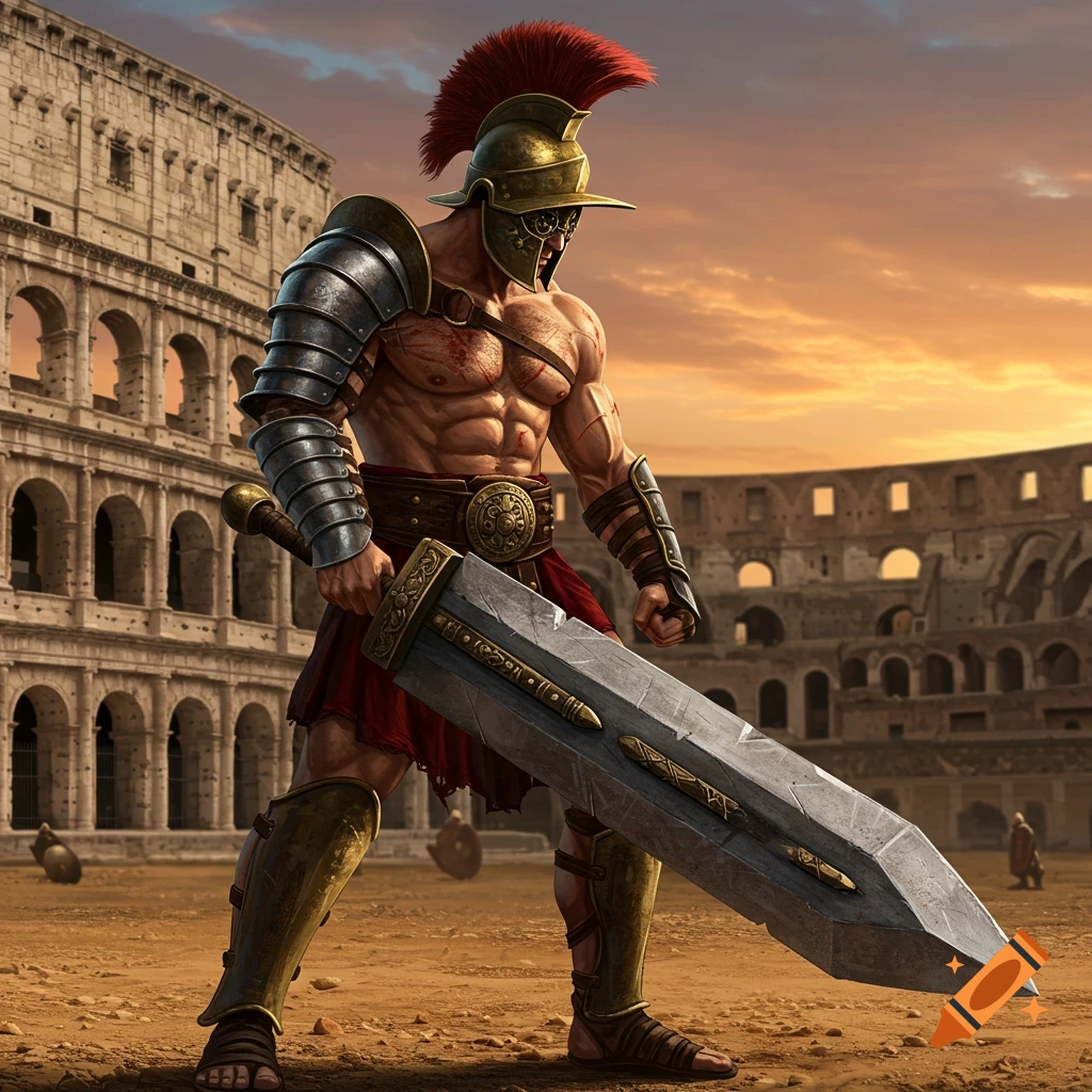 A muscular gladiator stands before the Colosseum holding a giant sword.