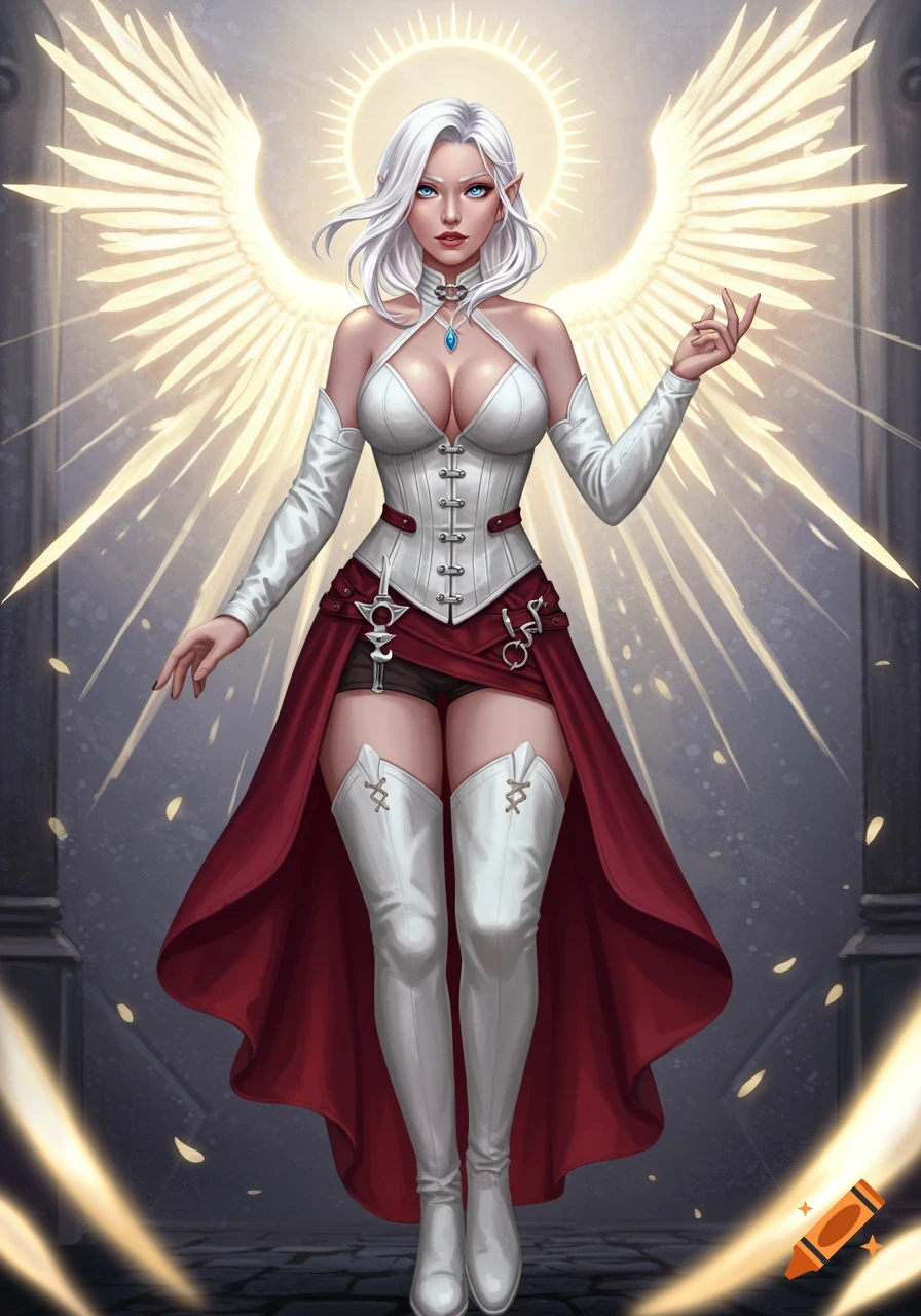 A white-haired fantasy character with glowing wings, wearing a white corset, red skirt, and white boots.