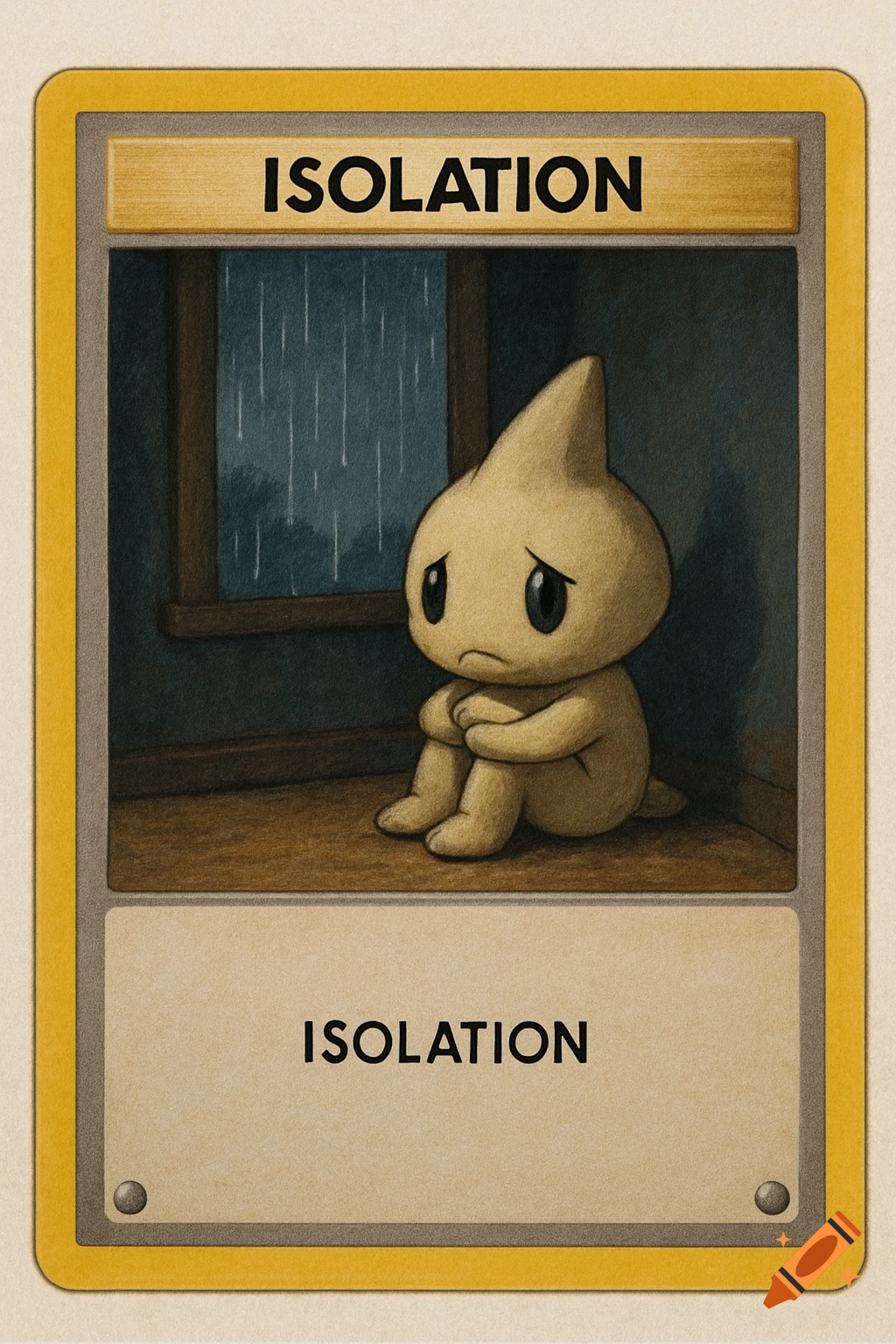 Illustration of a sad, cartoonish character sitting by a window looking at rain on a card game style background labeled ISOLATION.