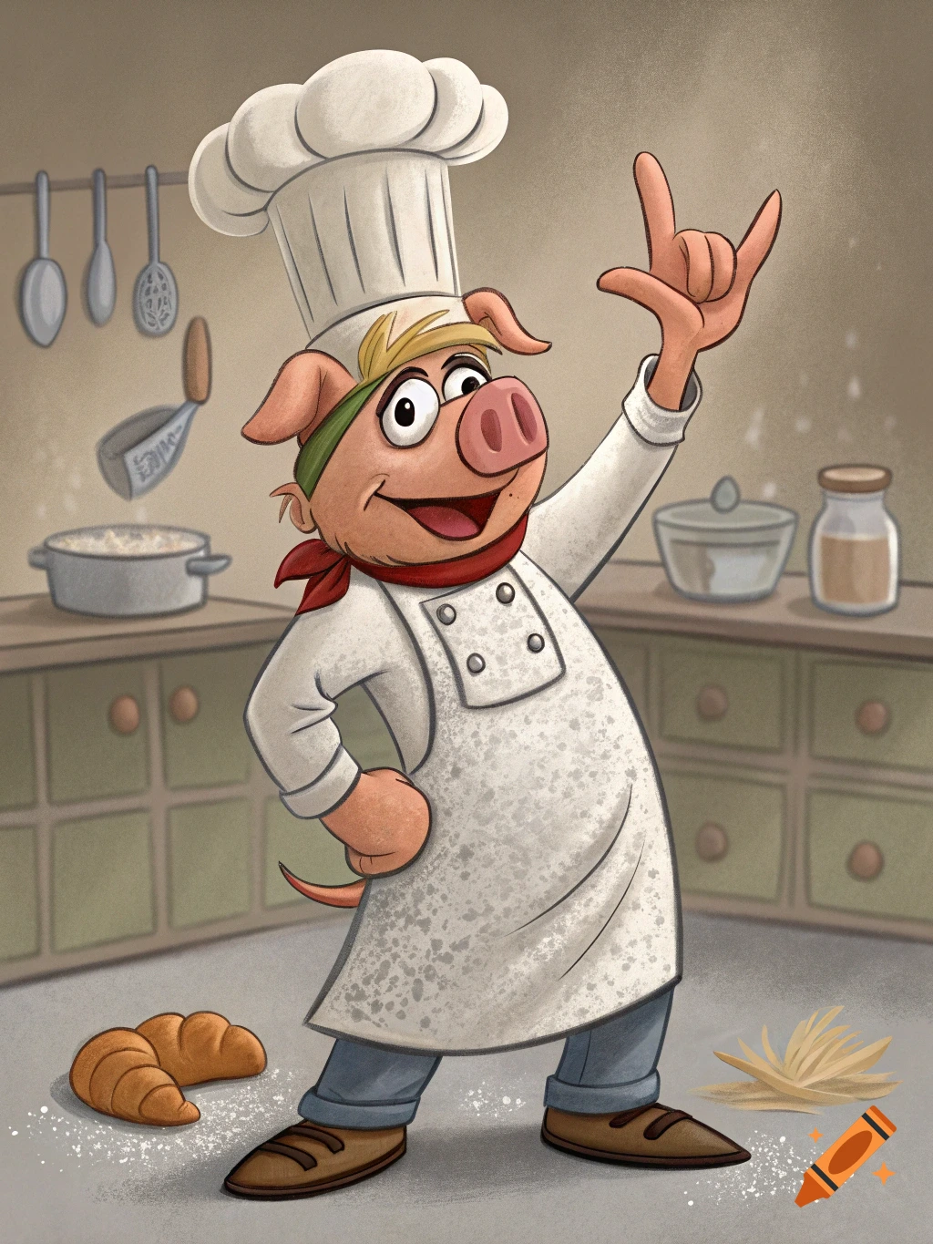 Cartoon pig chef doing a rock sign in a kitchen illustration