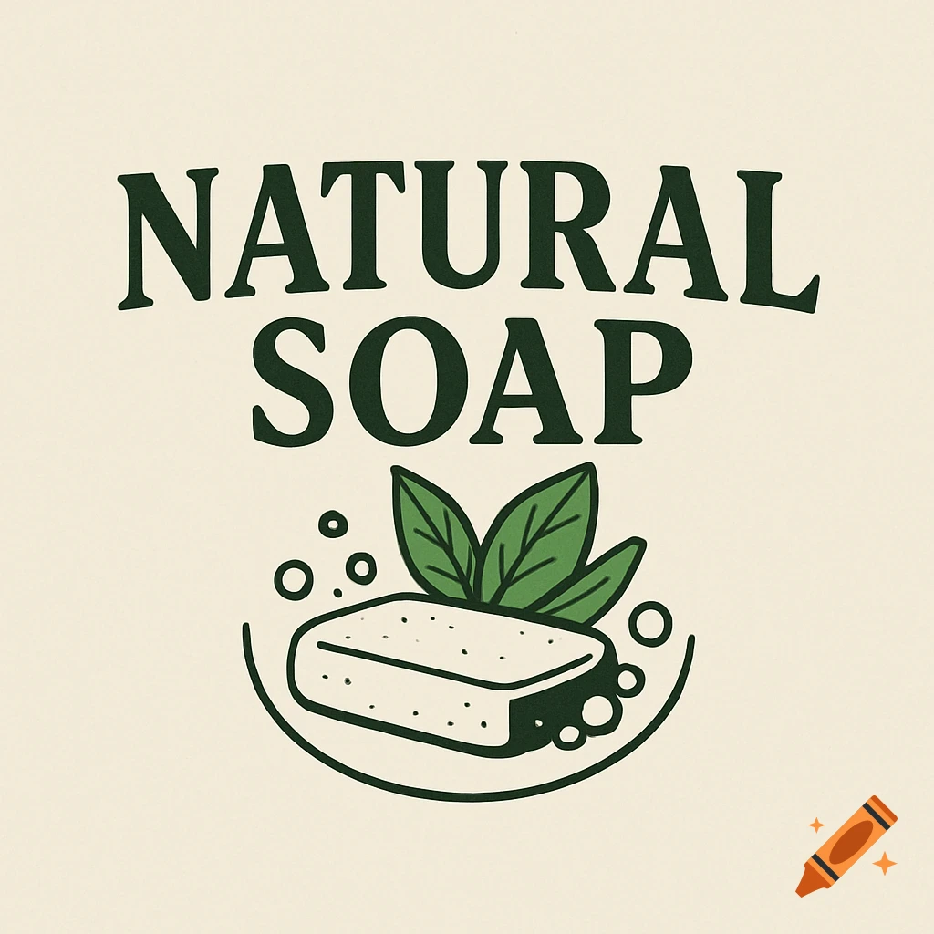 Logo for natural soap with bar of soap, bubbles, and leaves.