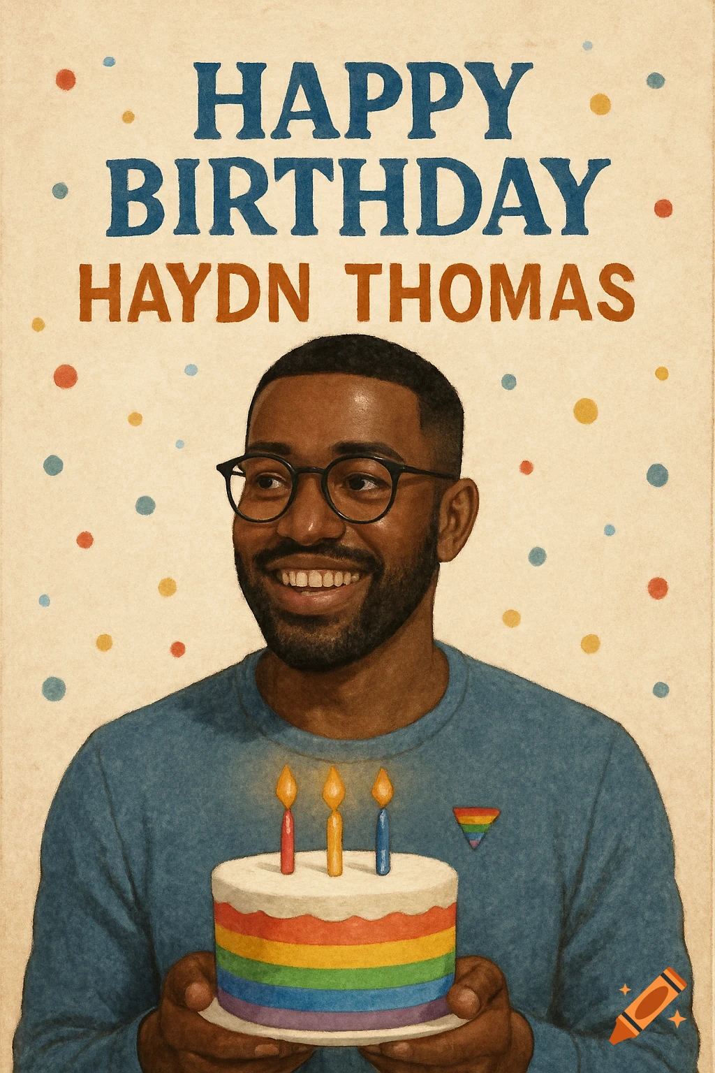 Illustration of a man holding a birthday cake with text "Happy Birthday Haydn Thomas".