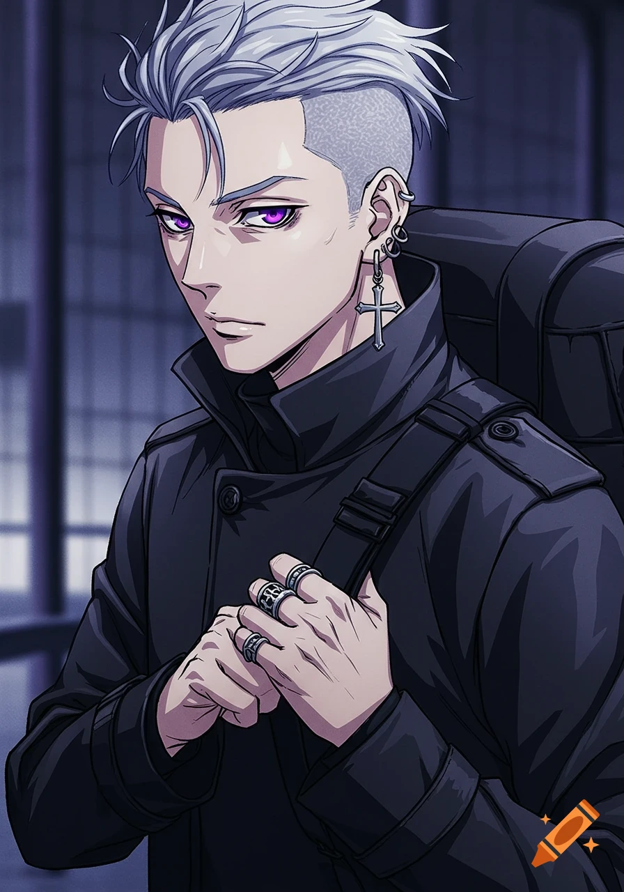 Anime portrait of a man with silver hair, purple eyes, cross earring, black coat, and backpack.