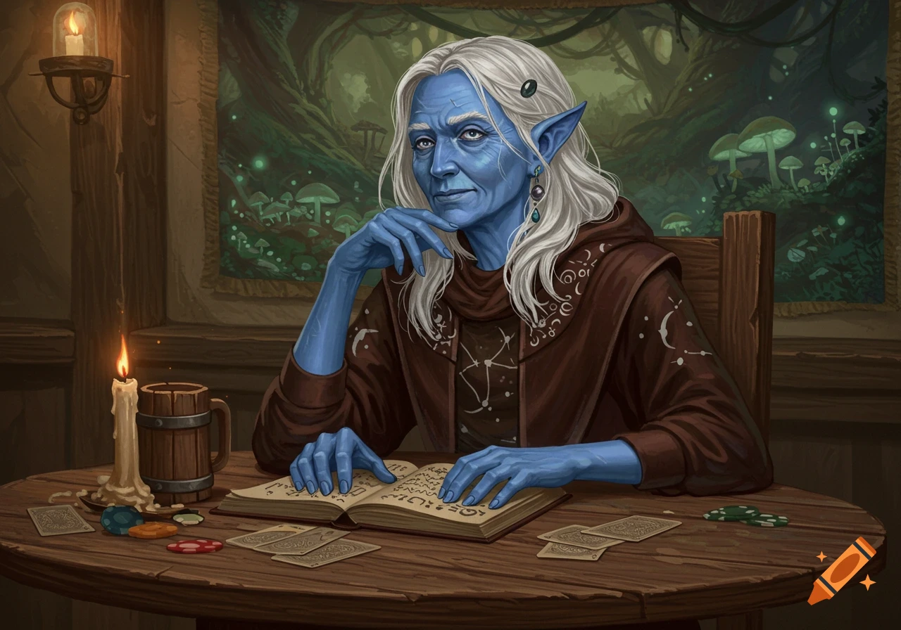 Old blue-skinned female fantasy character sitting at a table with a book, cards, and candle in a tavern setting.