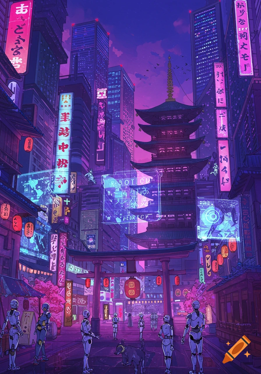 Illustrated futuristic Japanese city street with robots, pagoda, and neon signs