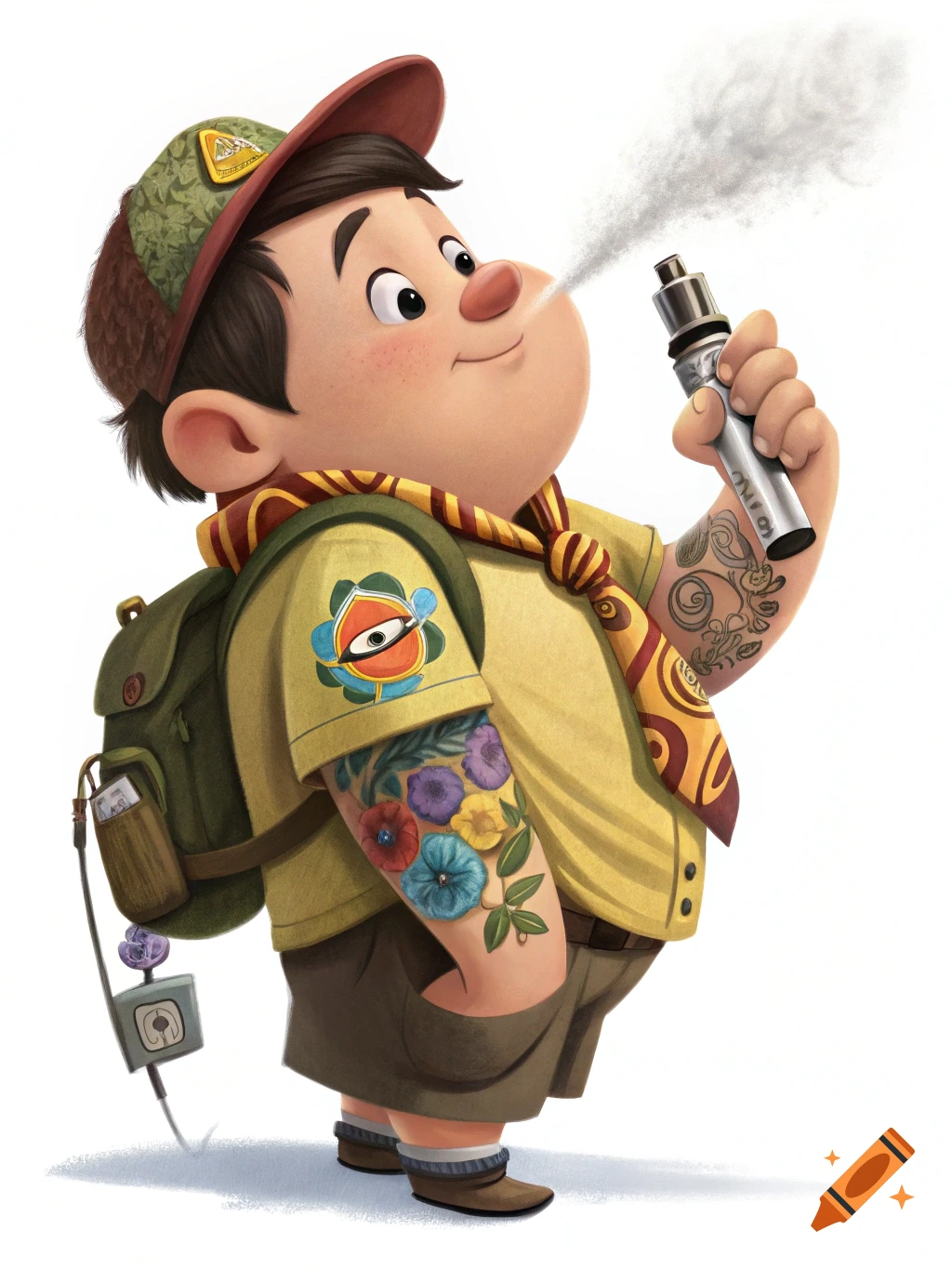 Cartoon illustration of Russell from Up in scout uniform with arm tattoos, vaping