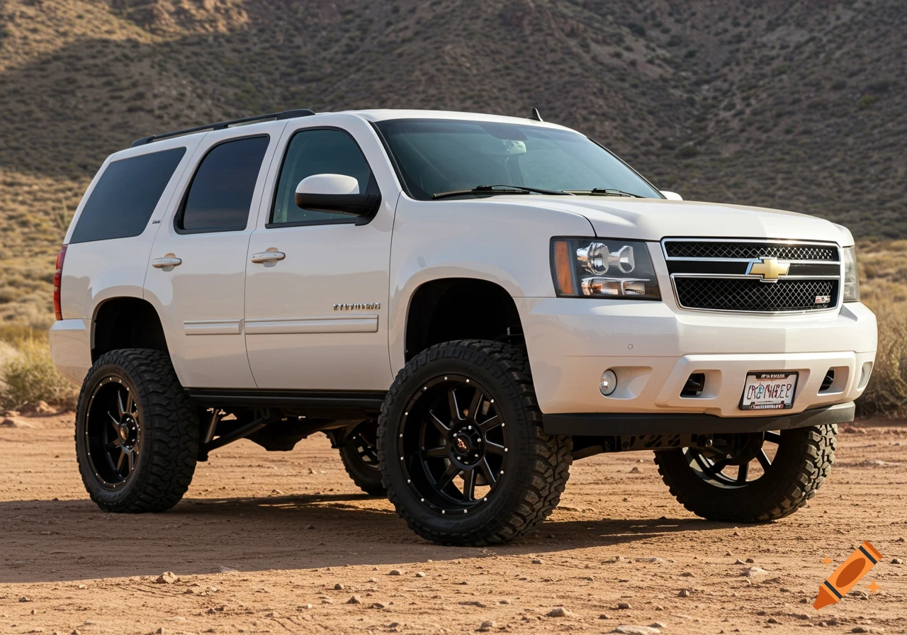 White Chevy Tahoe SUV off-road in desert landscape