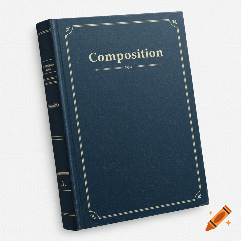 A dark blue composition book with gold trim and text on a white background.