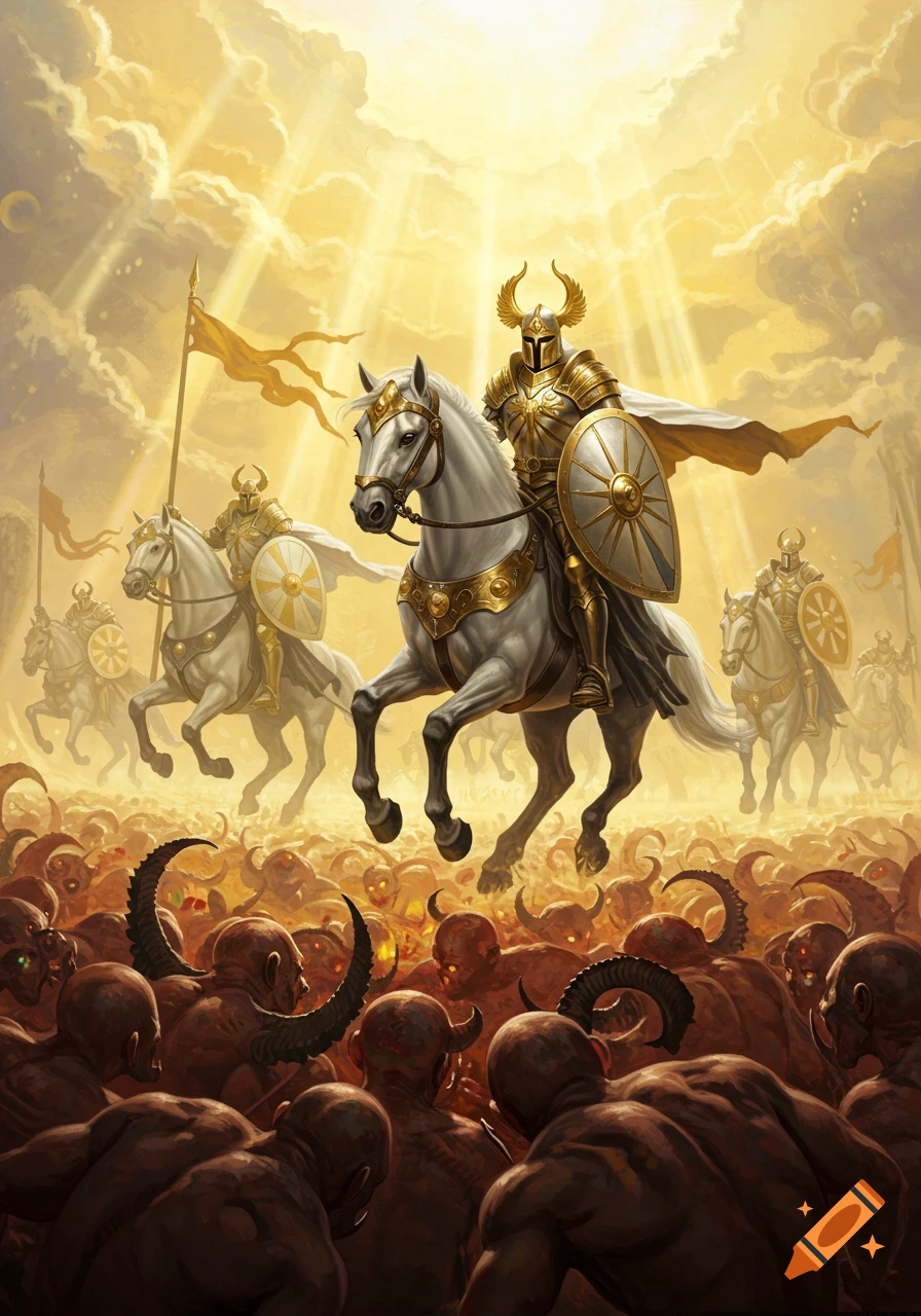 Golden armored knights on white horses ride above a horde of demons in a dramatic battle scene lit by rays from the sky.