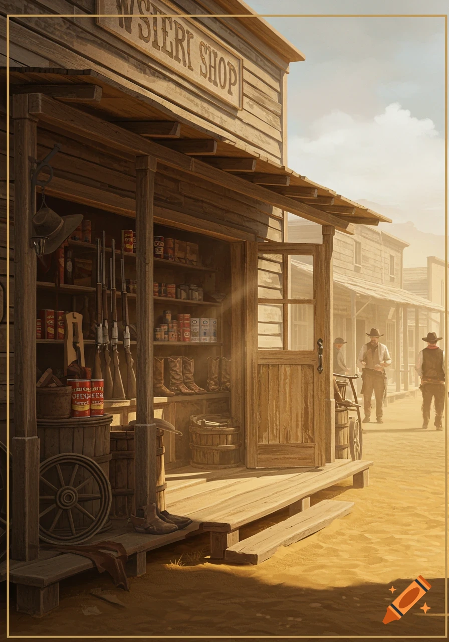 A general store in a dusty Western town under a sunny sky.