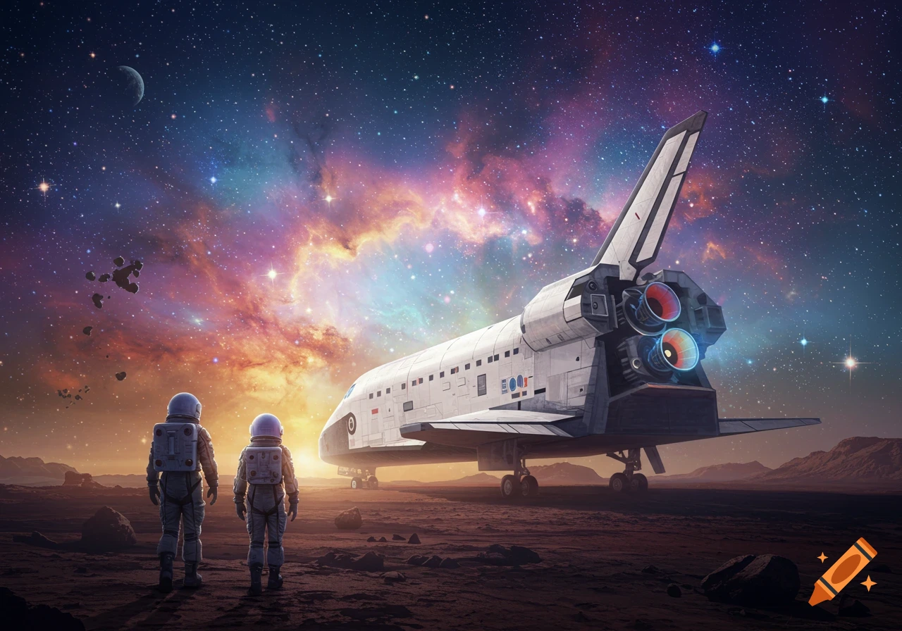 Two astronauts stand before a space shuttle on a rocky planet under a vibrant nebula sky. Digital art.