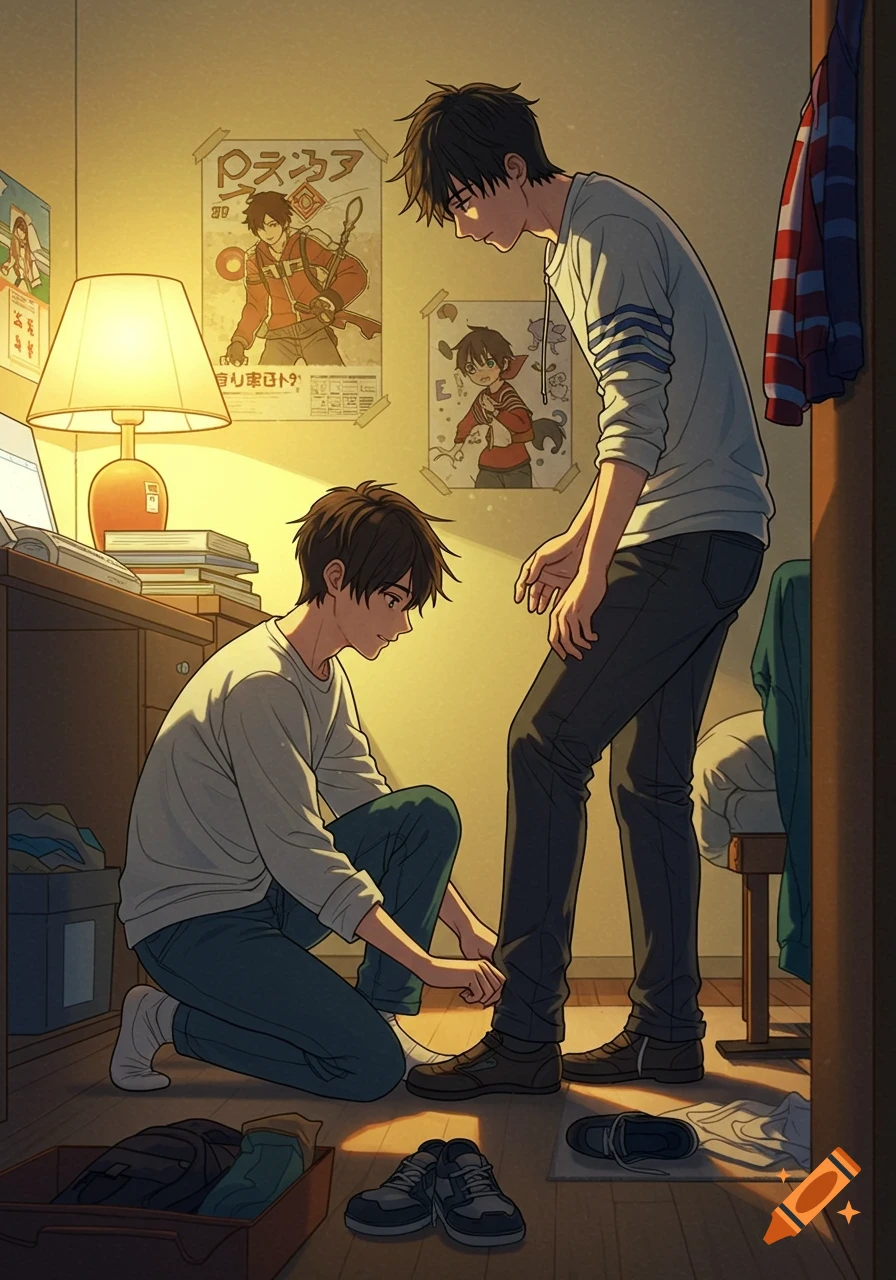 Anime style image of one young man kneeling to tie the shoe of another in a bedroom.