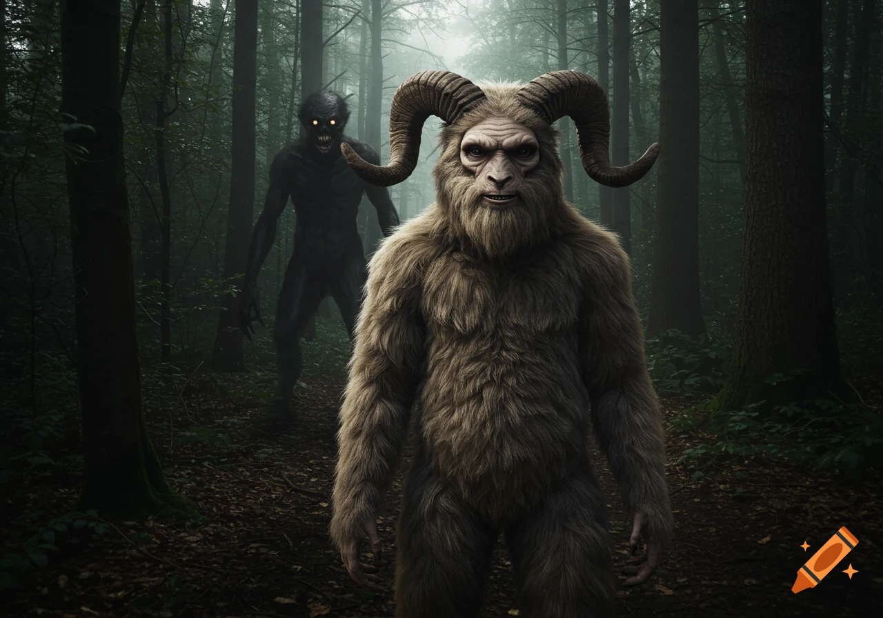 A furry horned creature and a dark figure with glowing eyes in a misty forest.