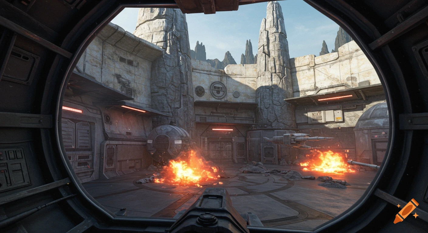 View from inside an X-wing cockpit looking out at a Star Wars base with ...