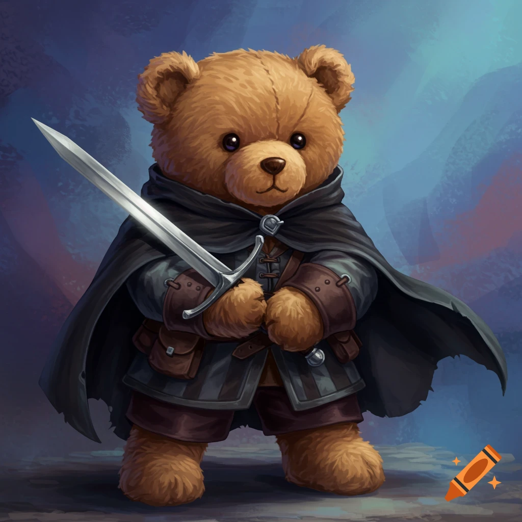 A teddy bear character wearing a dark cloak and holding a sword.