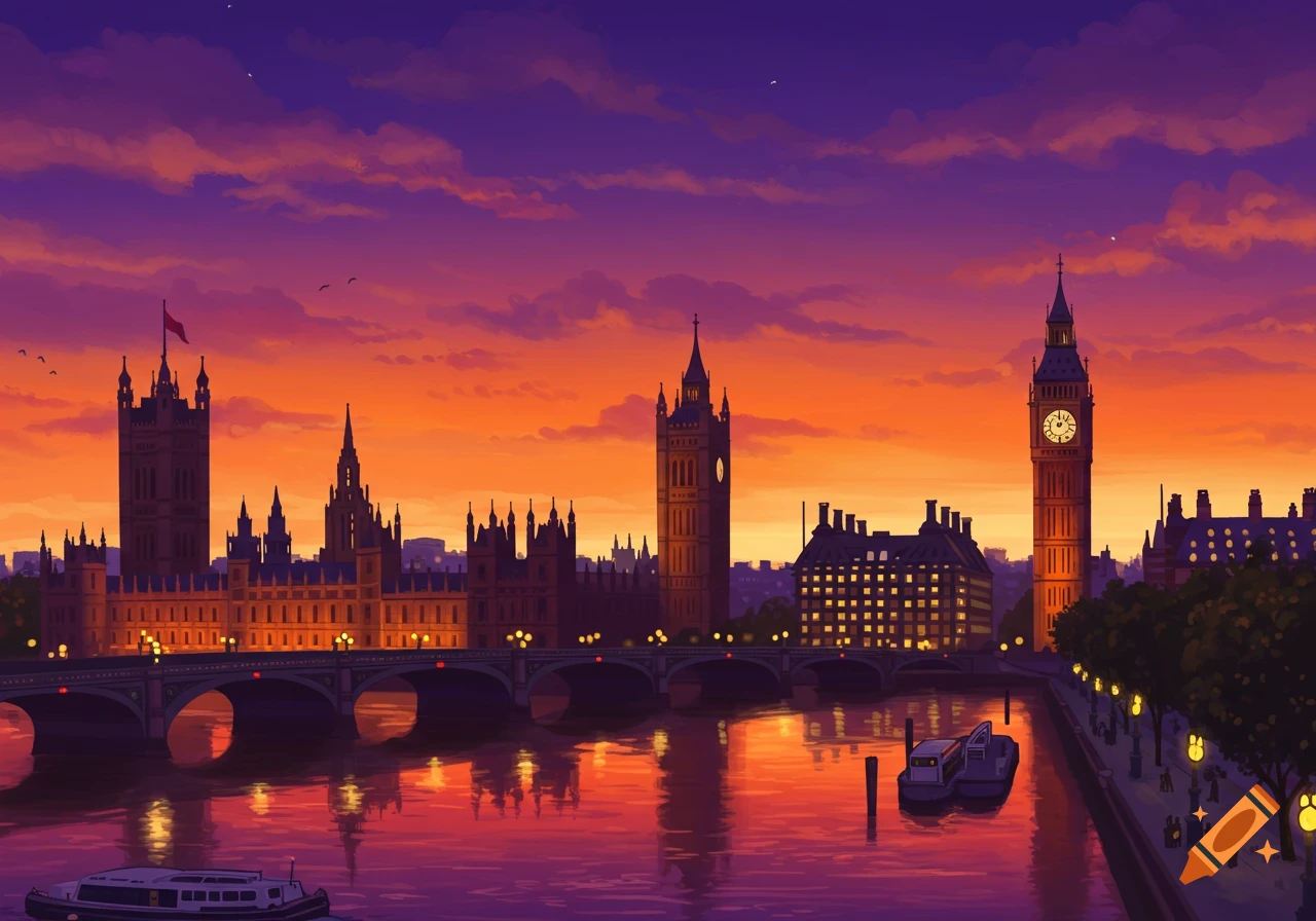 Digital art illustration of the London skyline with the Houses of Parliament and Big Ben at sunset over the Thames.
