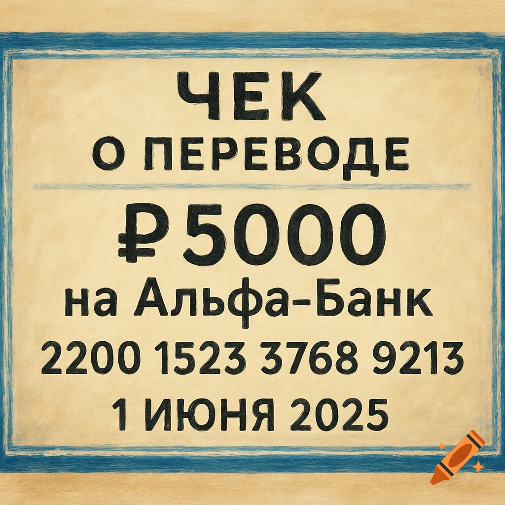 A textured drawing of a receipt or check for a 5000 ruble transfer to Alfa-Bank account number 2200 1523 3768 9213, dated June 1, 2025.