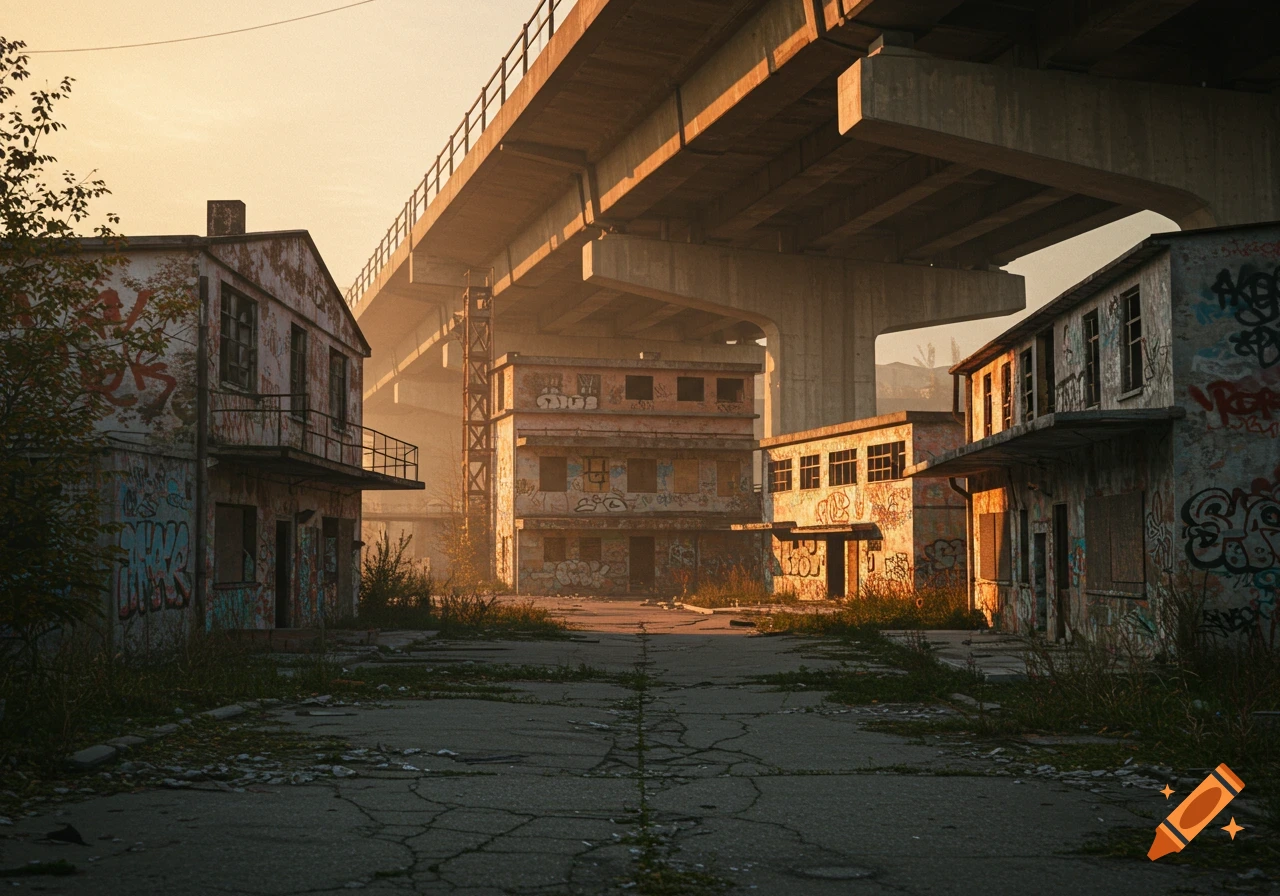Abandoned buildings covered in graffiti under a large concrete bridge, photorealistic style