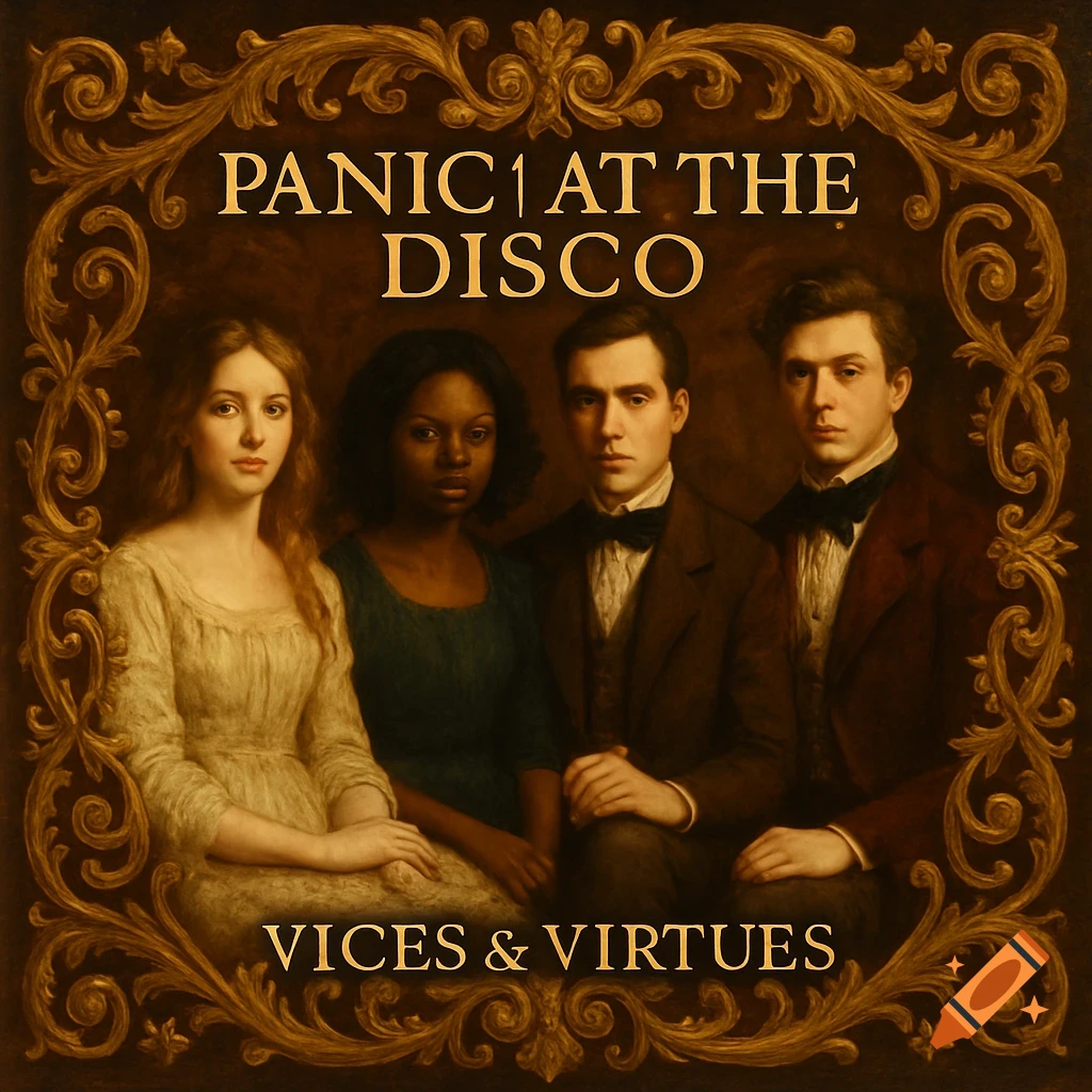 Baroque style portrait of four people framed by gold ornaments, with the text "PANIC|AT THE DISCO" and "VICES & VIRTUES".