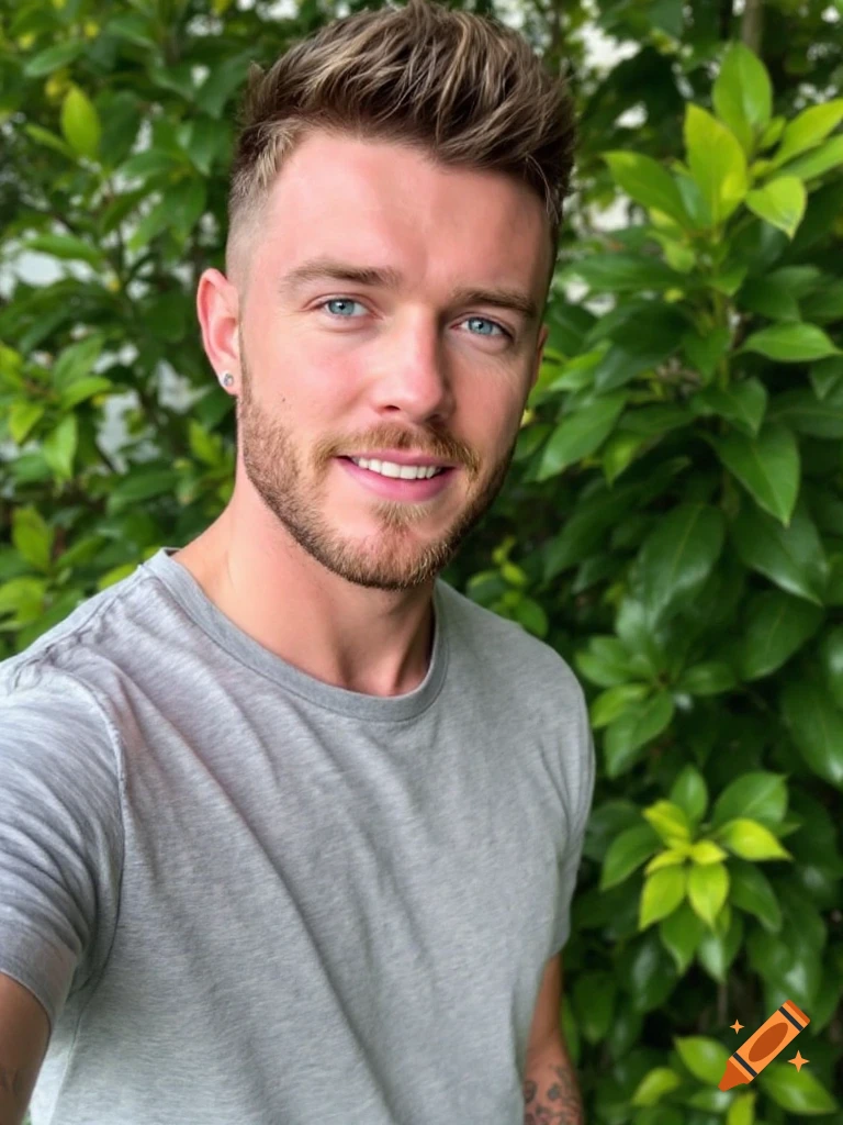 A man with a fade haircut and beard smiles in front of green leaves.