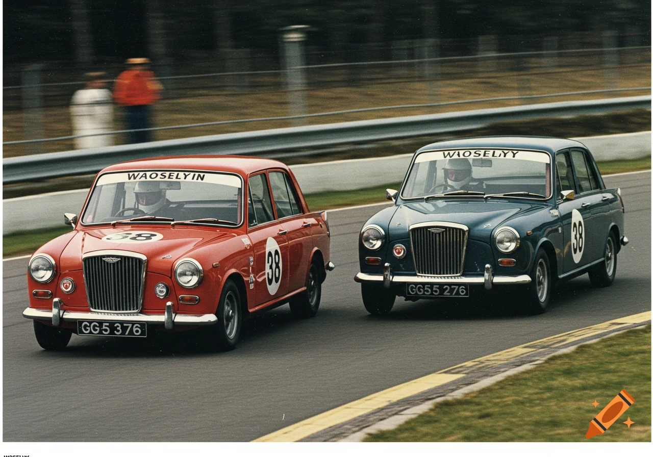 Two vintage Wolseley 6/110 cars race side by side on a track, one red and one blue.