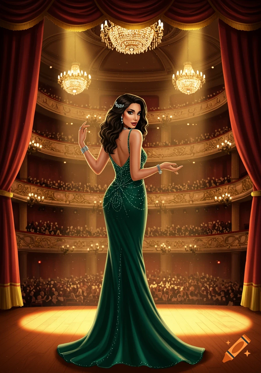 Illustration of a woman in an elegant green dress posing on a stage in a grand concert hall.