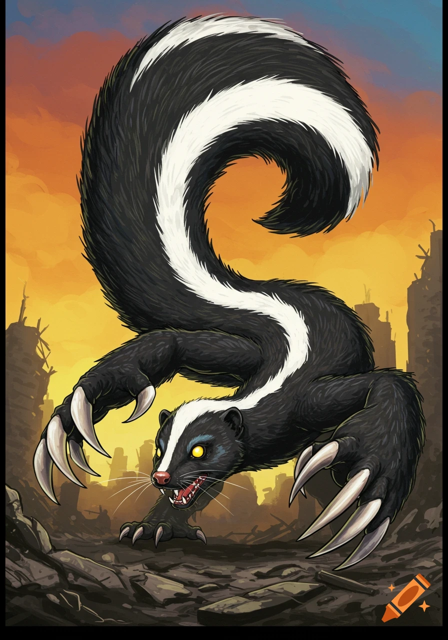 A large, monstrous skunk with long claws and a weasel-like body stands in a ruined city landscape.