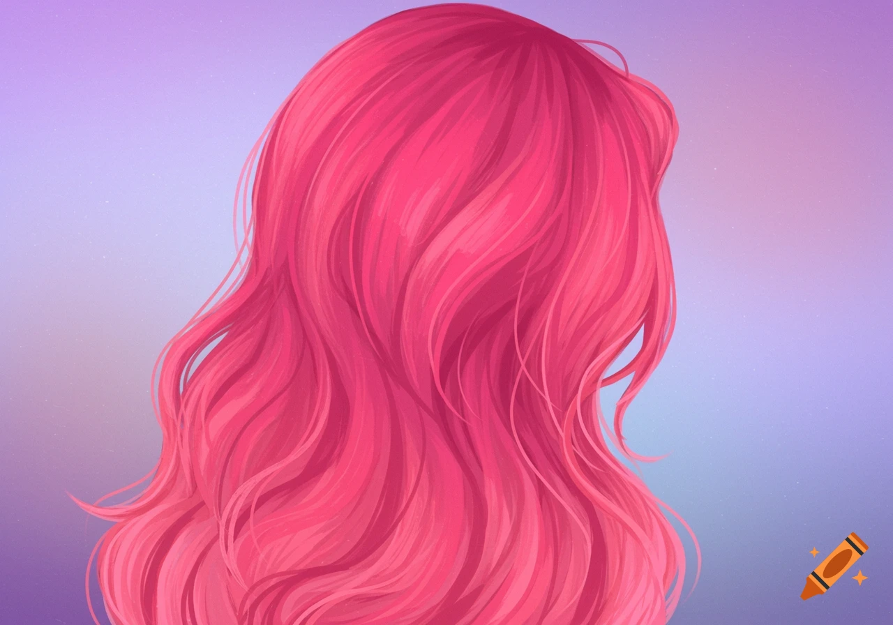 Back of a person's head with long, bright pink hair against a purple and blue gradient background in a stylized illustration.