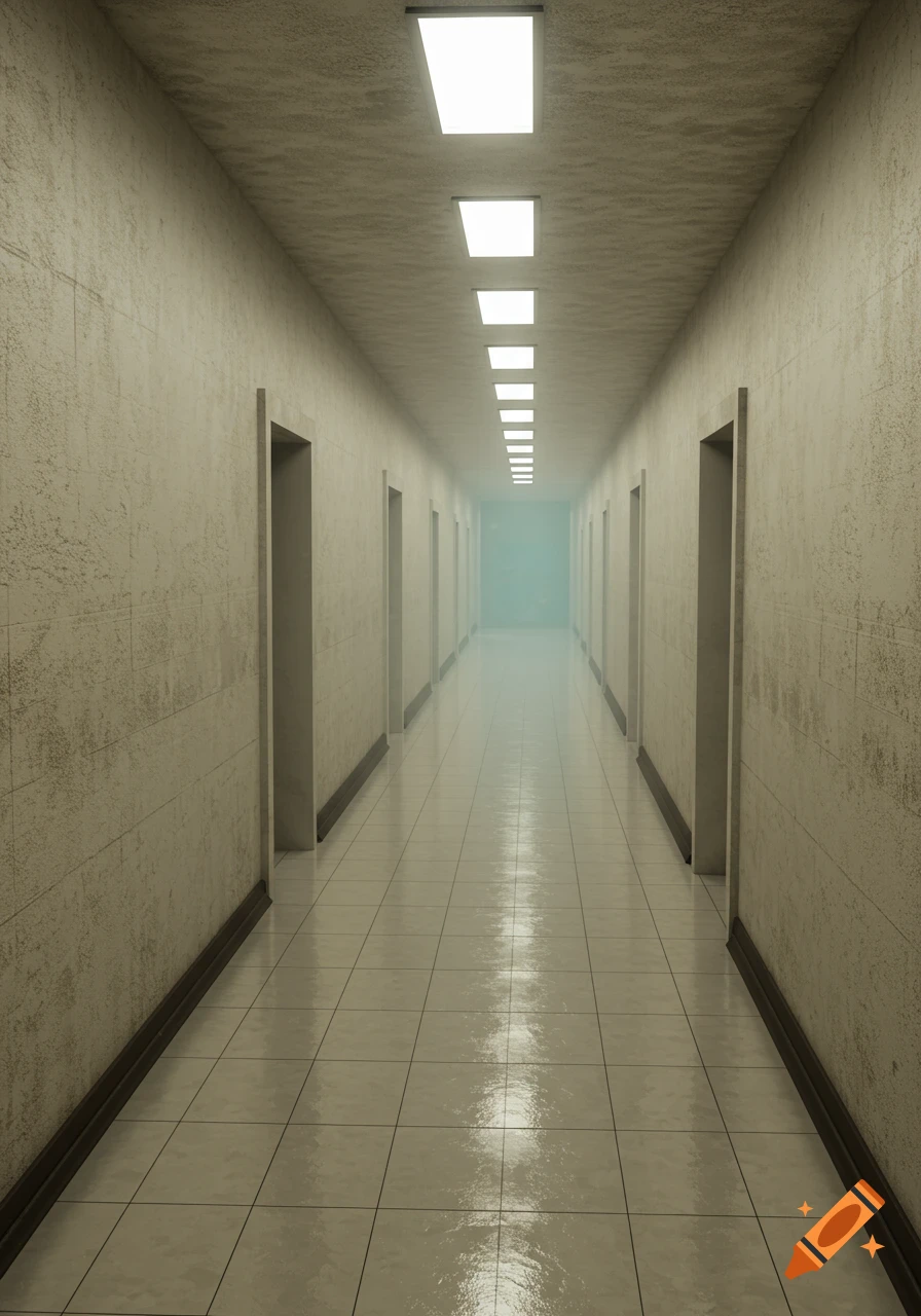 Long empty hallway with tiled floor and bright ceiling lights.