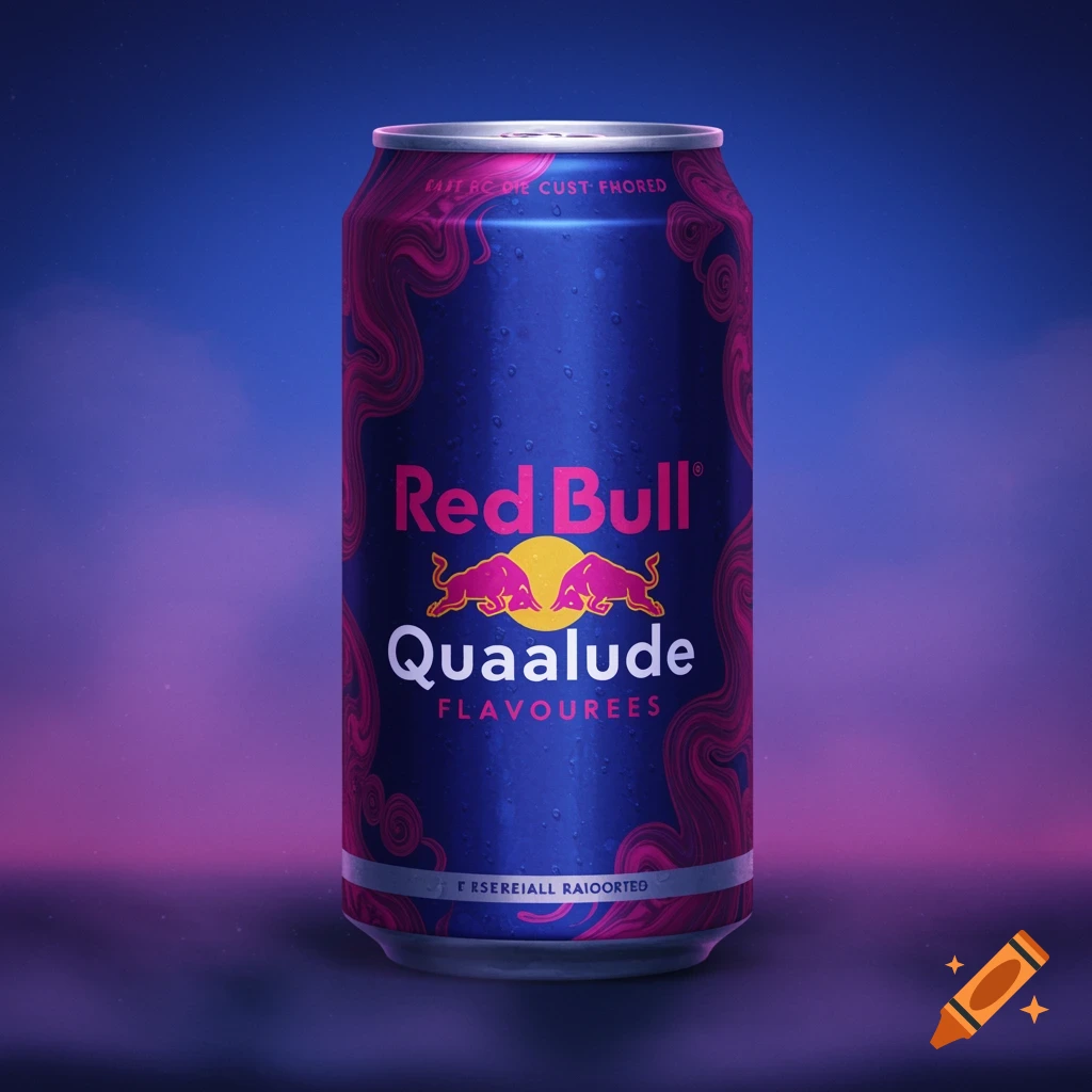 A can of Red Bull Quaalude flavored drink with pink and purple patterns on a blue background.