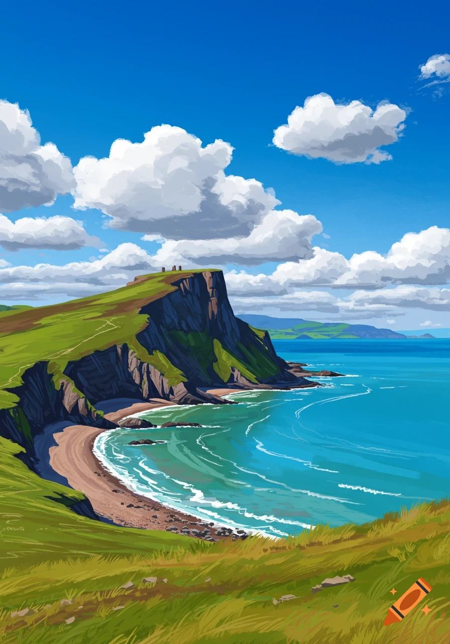 Illustrative painting of a grassy cliff overlooking a beach and blue sea.