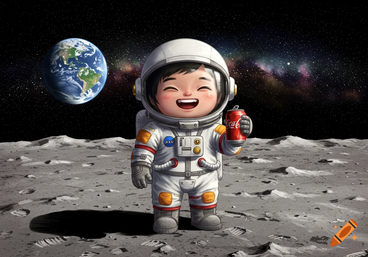 A happy cartoon astronaut stands on the moon holding a red soda can, with Earth and stars in the background.