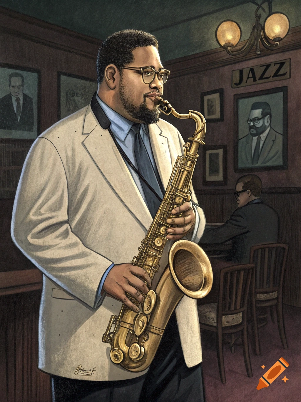 Illustration of a man playing saxophone in a jazz club with a 'JAZZ' sign.