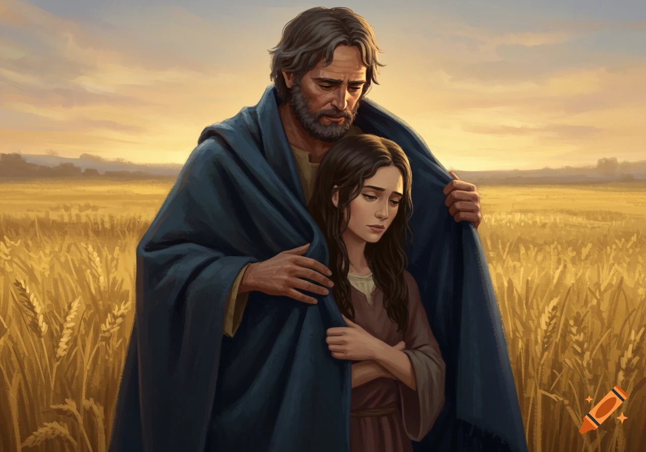 An older man covers a young woman with a cloak in a wheat field at sunset.