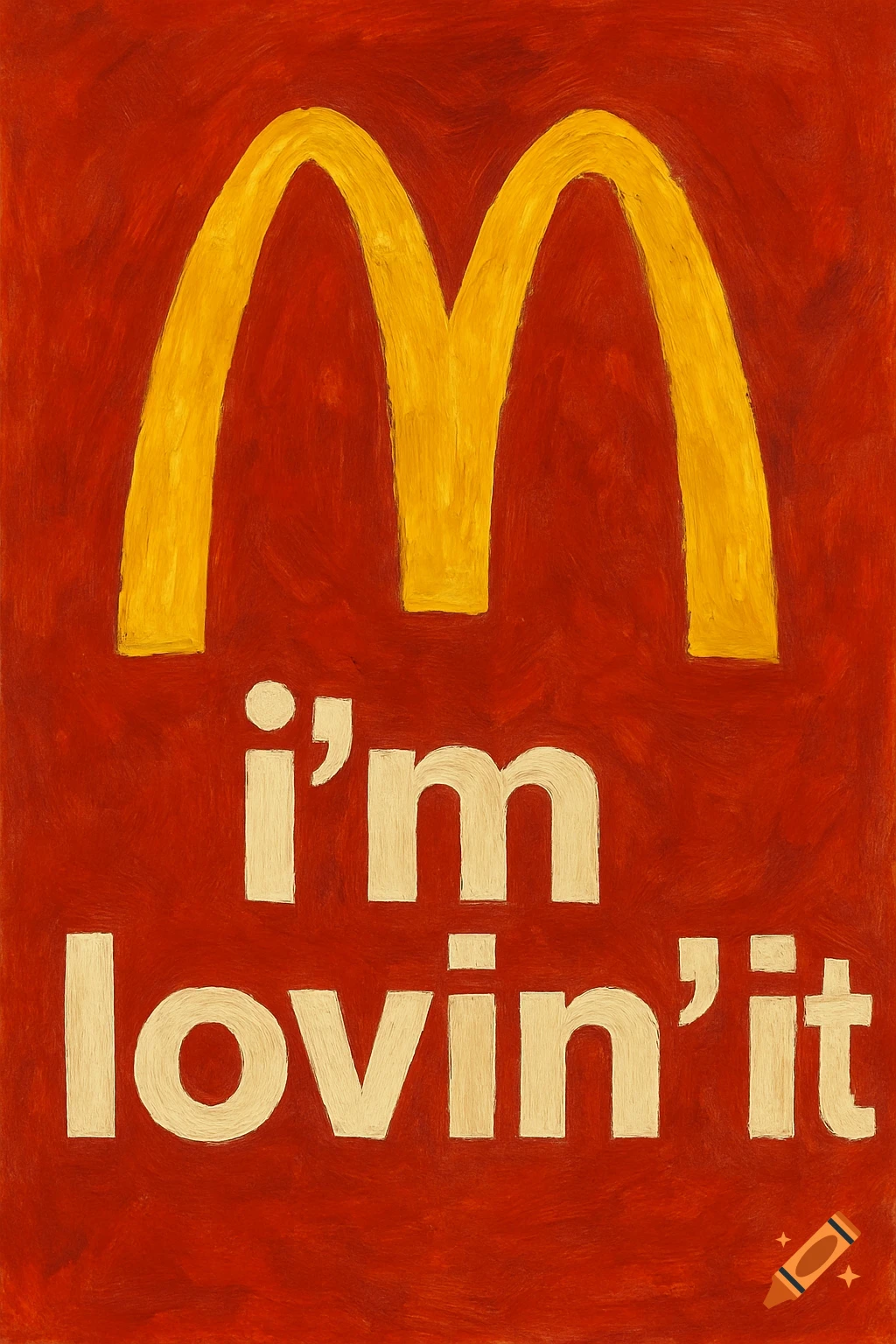 A painting of the McDonald's logo and 'i'm lovin' it' slogan on a red background.