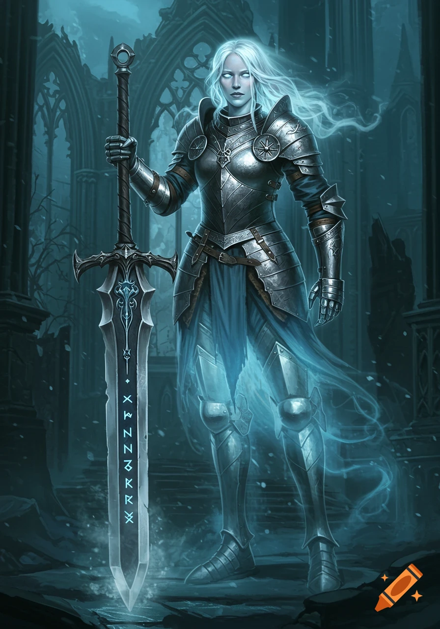 A ghostly woman in full plate armor stands holding a large greatsword in front of ruined architecture.