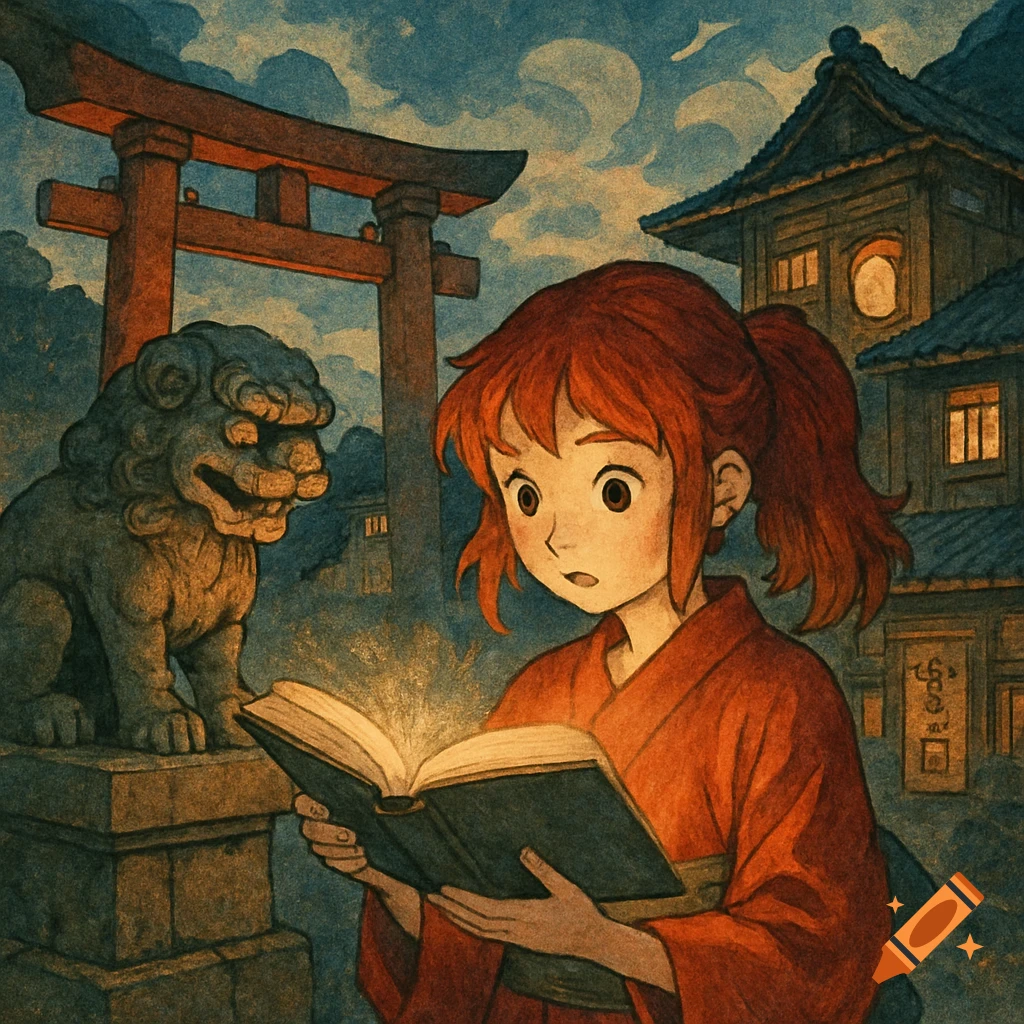 Anime-style painting of a girl in a kimono reading a glowing book in front of a torii gate and stone lion.