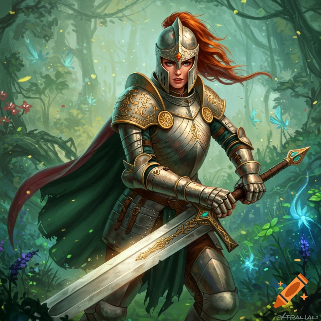 Female knight in full armor standing in a magical forest, holding a large sword.